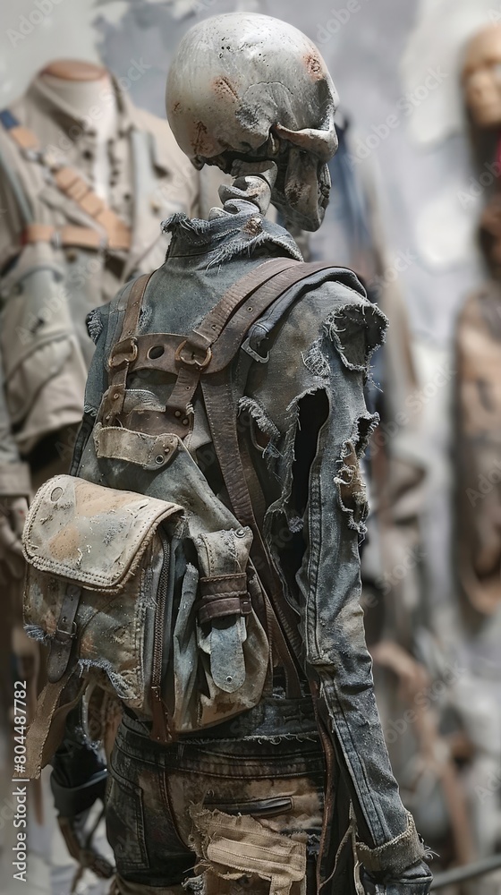 A closeup of a zombiethemed fashion outfit, focusing on the detailed textures and unconventional materials used to create a postapocalyptic look A closeup of a zombiethemed fashion outfit, focusing on the detailed textures and unconventional materials used to create a postapocalyptic look