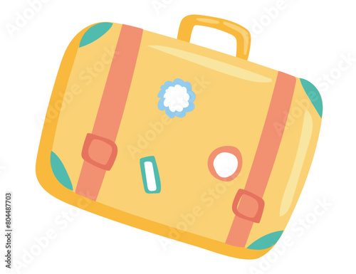 Travel luggage in flat design. Tourist vintage suitcase with stickers. Vector illustration isolated.