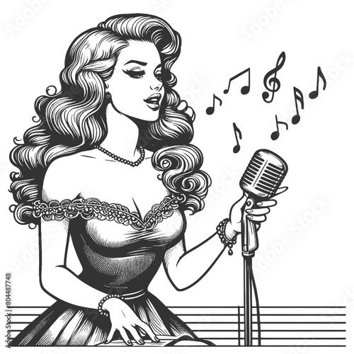female singer holding a microphone the classic style of a bygone musical era sketch engraving generative ai fictional character vector illustration. Scratch board imitation. Black and white image.