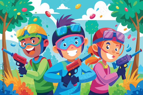 Three kids with water guns playing outside
