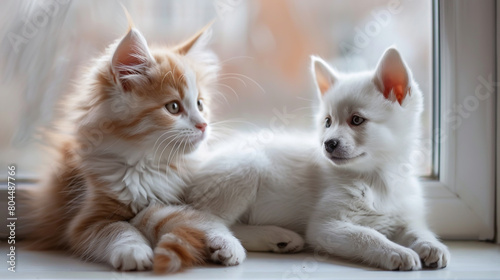 Cute fluffy kitten and puppy on the windowsill, photo