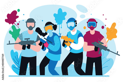 Team in protective gear armed with paintball guns amidst vibrant splashes