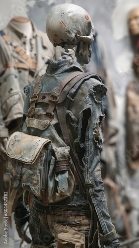 A closeup of a zombiethemed fashion outfit, focusing on the detailed textures and unconventional materials used to create a postapocalyptic look