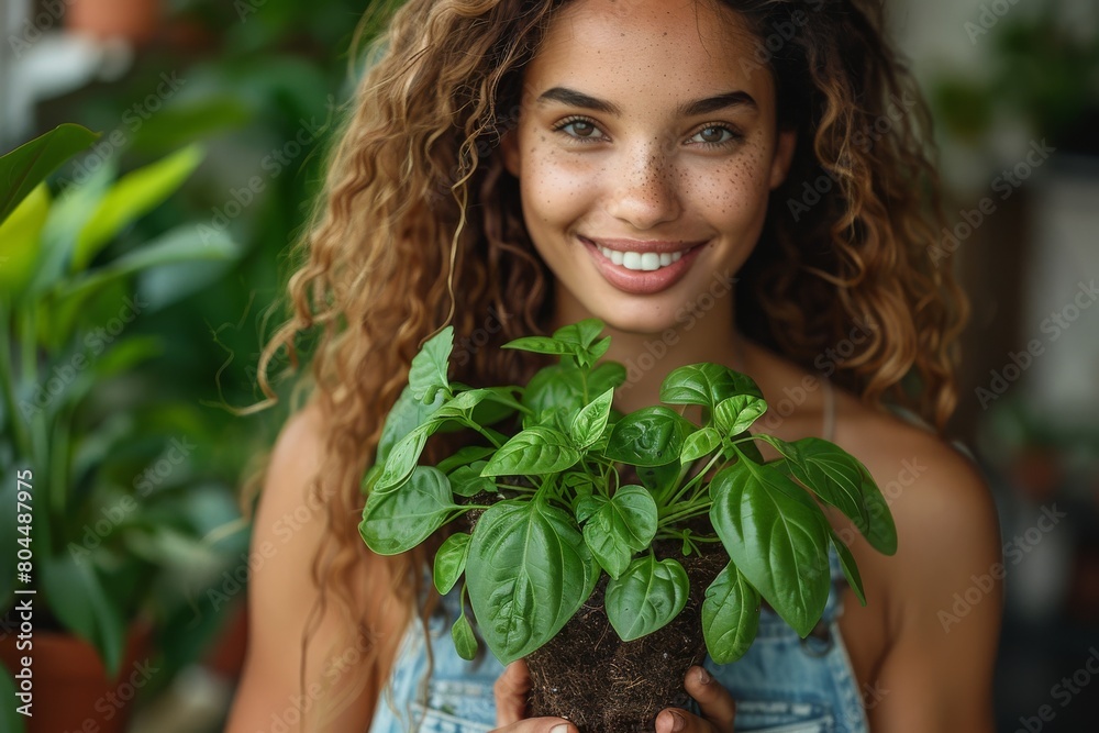 A young woman with curly hair and a denim outfit holds a healthy green basil plant with a vibrant smile A young woman with curly hair and a denim outfit holds a healthy green basil plant with a vibrant smile