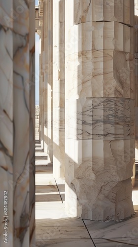 Explore the play of light and shadow on the marble columns of the Propylaea entrance to the Acropolis , super realistic photo