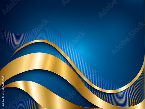Abstract background composed of blue and gold waves, luxury background, used for product display, leaving space for text, wave pattern