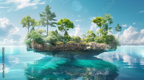 A small, rocky island covered in lush vegetation sits in the middle of a vast ocean photo