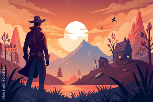 A cowboy stands against a vivid sunset with mountains and a cabin