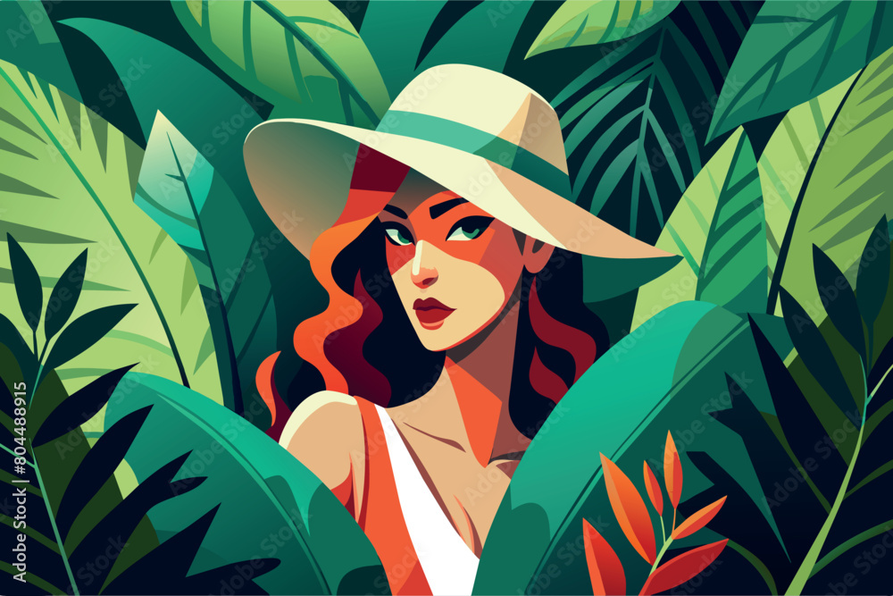 A stylish woman with a hat peers through vibrant green leaves