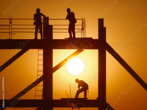 Workers silhouetted against the rising sun as they build, super realistic photo