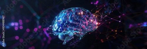 The image shows a glowing blue brain with a lot of connections. The background is dark with some purple and pink lights. The image is about the brain and its connections. photo