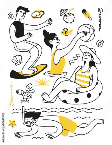 Summer vacation concept. Summer mood. People, men and women on the beach, in the sea, cocktail, swimming circle. Vector doodles for poster, print, banner