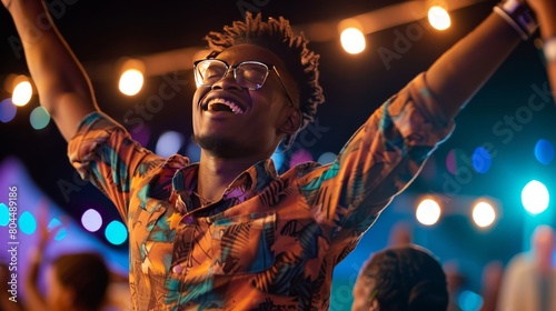 Ecstatic black man with glasses raising his arms in joy at a party. photo