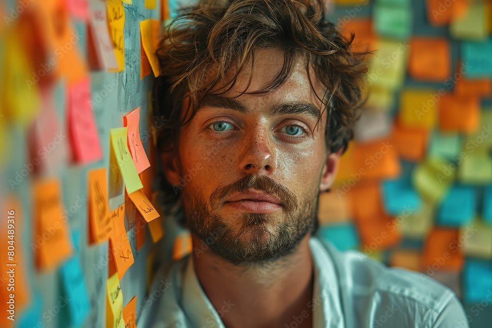 Young man with thoughtful eyes surrounded by a chaotic array of colorful sticky notes Young man with thoughtful eyes surrounded by a chaotic array of colorful sticky notes