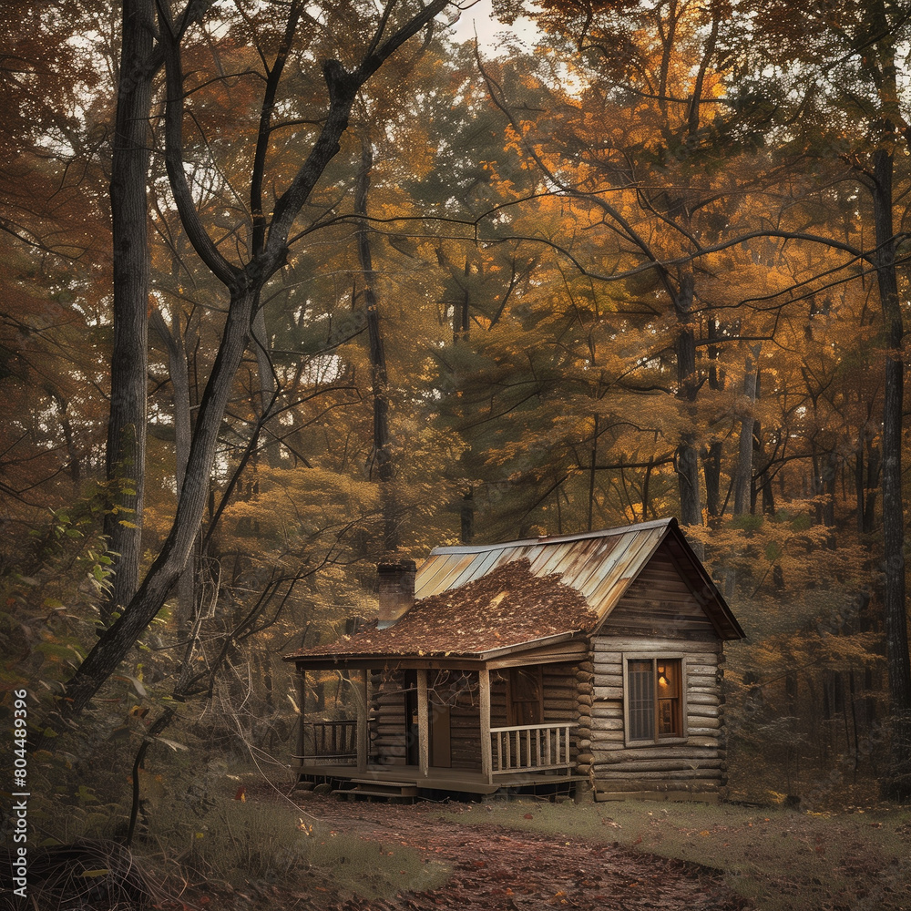 Secluded Rustic Woodland Cabin Surrounded by Autumn Foliage