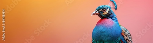 A playful fantasy pet a vibrant peacock with shimmering scales instead of feathers showcased on a clear minimalist background suitable for unique pet product ads with text