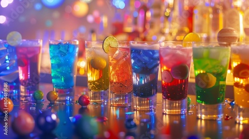 A mocktail bar is set up with different colored drinks representing various planets and celestial bodies.