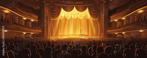 A large theater with a red curtain and a bright stage. photo
