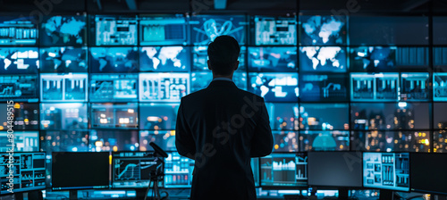 cyber security guard in front of monitors at night