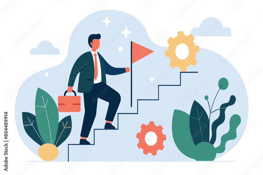 An animated businessman ascends stylized steps, aiming for a goal An animated businessman ascends stylized steps, aiming for a goal