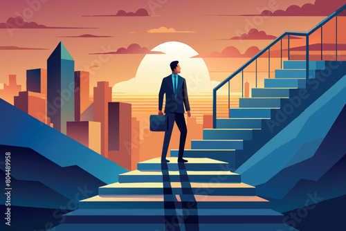 A man in a suit climbs stairs against a city skyline at sunset