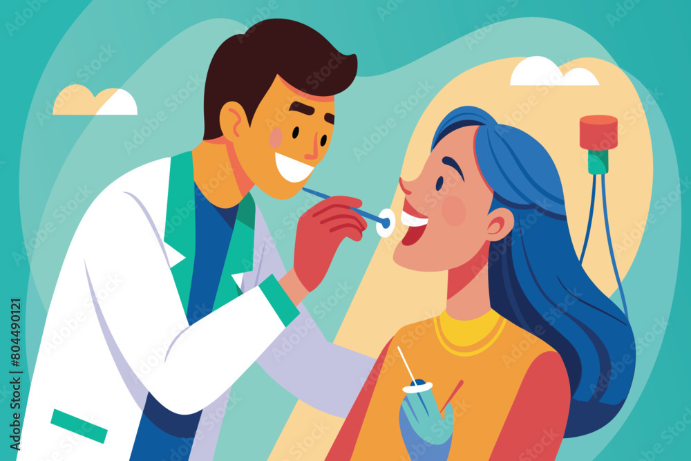 A cartoon doctor checking a womans throat with a tongue depressor A cartoon doctor checking a womans throat with a tongue depressor