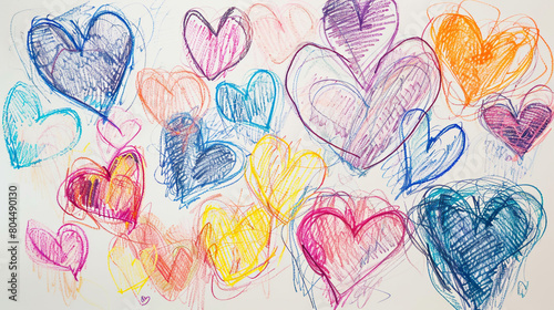 On a white background various hearts drawn in colored pencil and with a scribble texture. 
