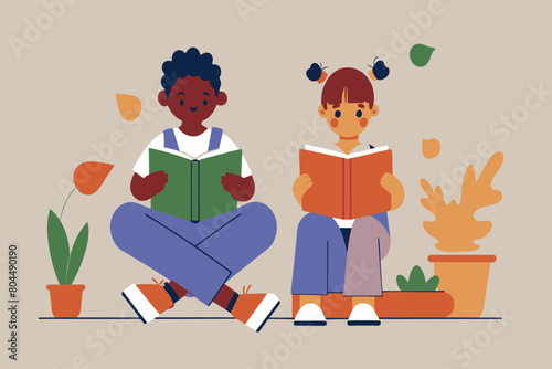 A boy and girl sit cross-legged, absorbed in reading colorful books