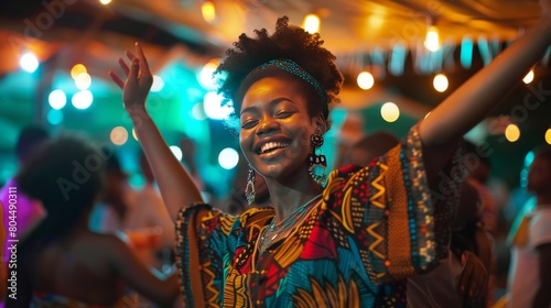 A photo of a young African woman dancing at a party. She is wearing a colorful dress and has her arms in the air. She is smiling and looks happy.