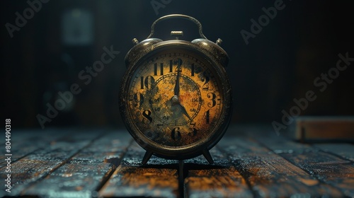 Retro alarm clock on wooden table. photo