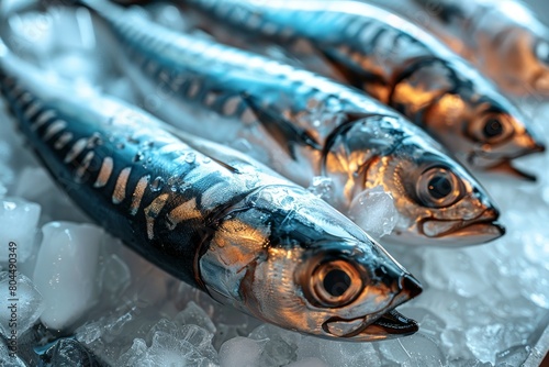 Shiny, fresh mackerels on ice, captured with intricate detail and cool tones © Larisa AI