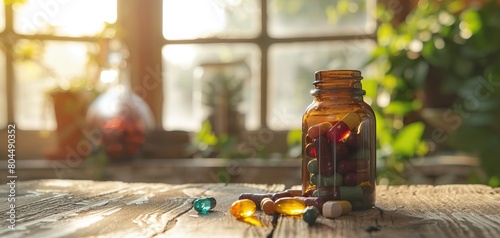 Colorful medicine capsules from glass bottles on wooden table  Close-up photo  Copy space