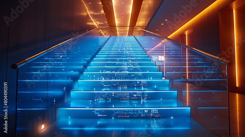 Depict a modern staircase in a corporate building, where each step features an embedded screen showing a graph of financial results per quarter, illustrating the rise through corporate achievements.