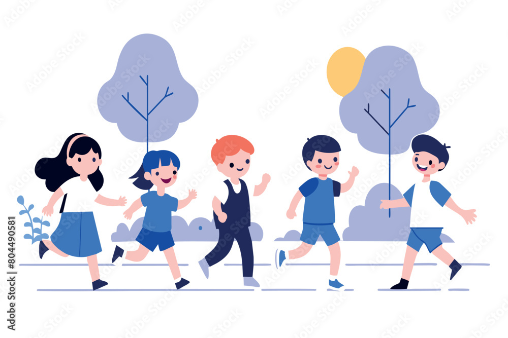 Fototapeta premium Happy kids running together outdoors under the sun with trees