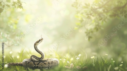 A delightful illustration of a snake meditating upright in a quiet meadow, surrounded by soft grass and a tranquil atmosphere, copy space  generative ai images