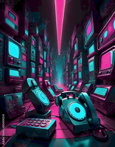 Colorful, stylized old fashioned rotary dial telephones and screens, with shiny surface, multiple screens in teal and pink hues, Generative AI.