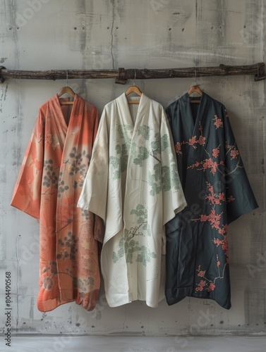 Contemporary setup of minimalist Japanese kimonos against a concrete wall.