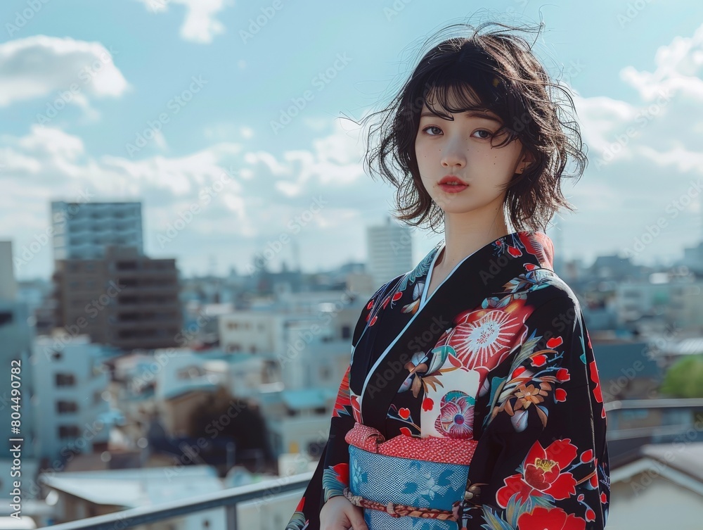 A minimalist Japanese kimono against an urban backdrop.