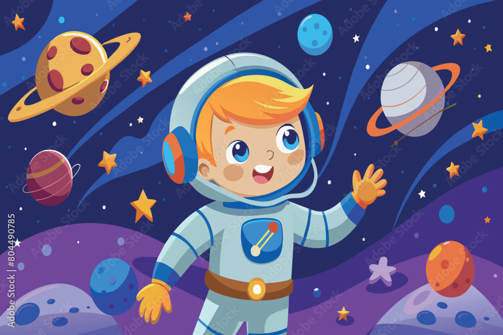 Cartoon of a child astronaut with planets and stars in space Cartoon of a child astronaut with planets and stars in space