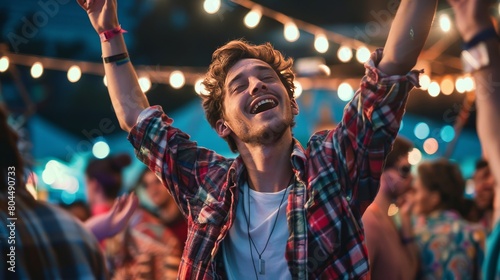 Ecstatic young man dancing at a music festival, raising his hands in joy and singing along to his favorite song. © Sittipol 
