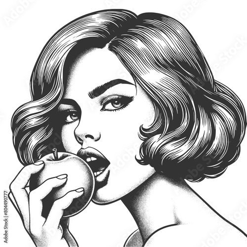 stylish modern woman with short hair, sensually biting into a fresh apple sketch engraving generative ai fictional character vector illustration. Scratch board imitation. Black and white image.
