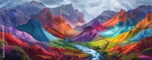 A surreal landscape on a planet where the rivers and mountains exhibit all the colors of a rainbow © Thritti