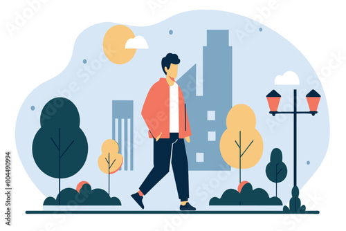 A man strolls through a park, cityscape and sunset in the background