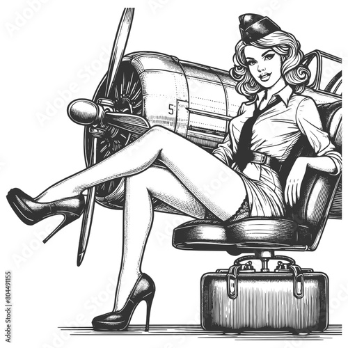 pin-up styled air hostess with vintage retro airplane sketch engraving generative ai fictional character vector illustration. Scratch board imitation. Black and white image.