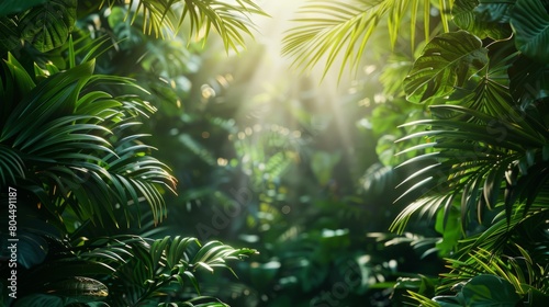 nature photography  vertical background with sunlight filtering through tropical forest foliage  creating a summer vibe