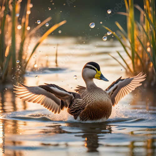 Mallard Duck swims on a lake, wild nature photography, close up, birdwatching, sunset light, water, river, pond, wings, waterdrops photo