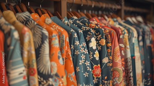 High-angle view of unbranded Japanese kimonos neatly organized in a minimalist closet. photo