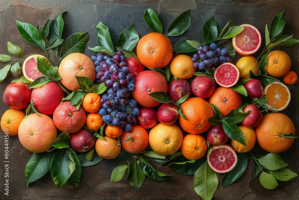 A rich spread of various citrus fruits and grapes adorned with lush green leaves on a textured surface A rich spread of various citrus fruits and grapes adorned with lush green leaves on a textured surface