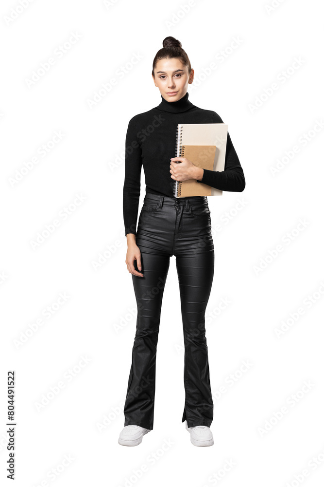 Woman in black attire holding a notebook, isolated on a white background, showing concept of work or education Woman in black attire holding a notebook, isolated on a white background, showing concept of work or education