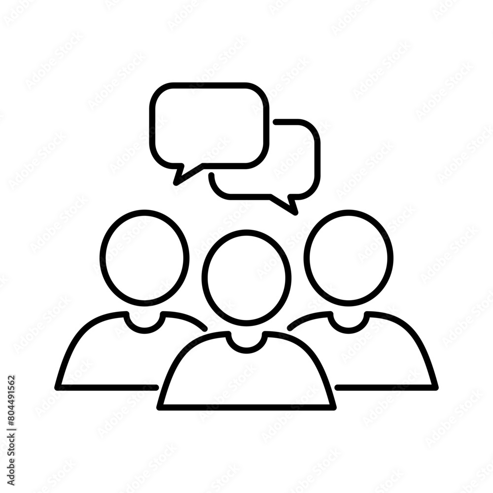 Group of people and speech bubble outline icon. Teamwork, partnership success concept. Editable stroke. Isolated vector illustration Group of people and speech bubble outline icon. Teamwork, partnership success concept. Editable stroke. Isolated vector illustration
